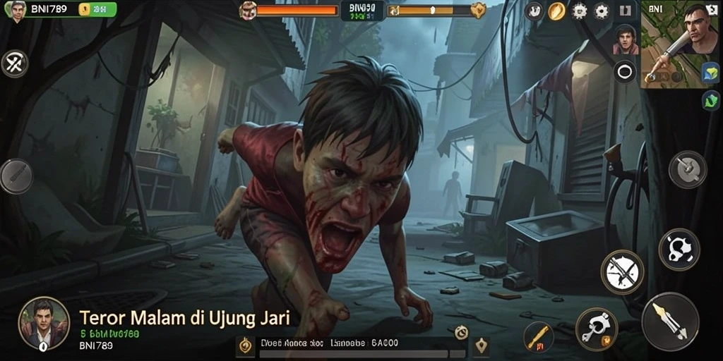 Screenshot gameplay BNI789 menampilkan suasana horor yang mencekam.