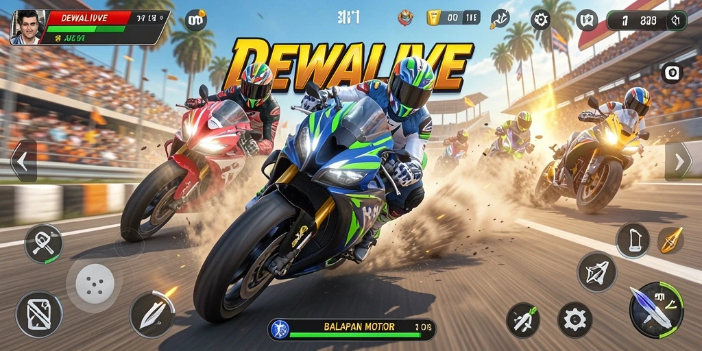 Gameplay balapan motor di DEWALIVE yang mendebarkan.