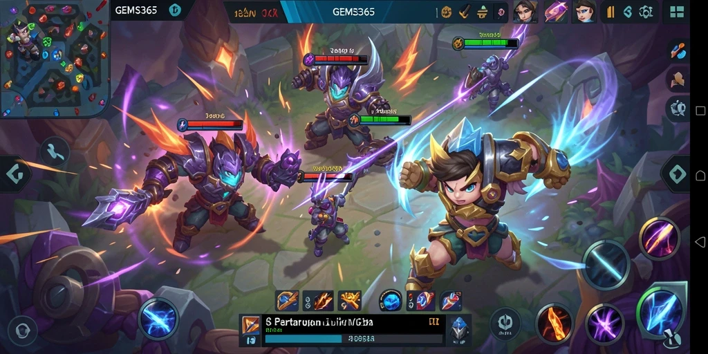 Screenshot tampilan gameplay GEMS365 yang mendebarkan di arena MOBA.