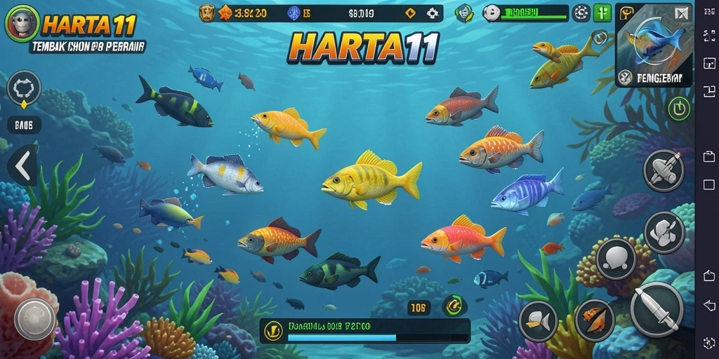 Tampilan gameplay HARTA11 menampilkan aksi menembak ikan yang seru dan penuh warna.