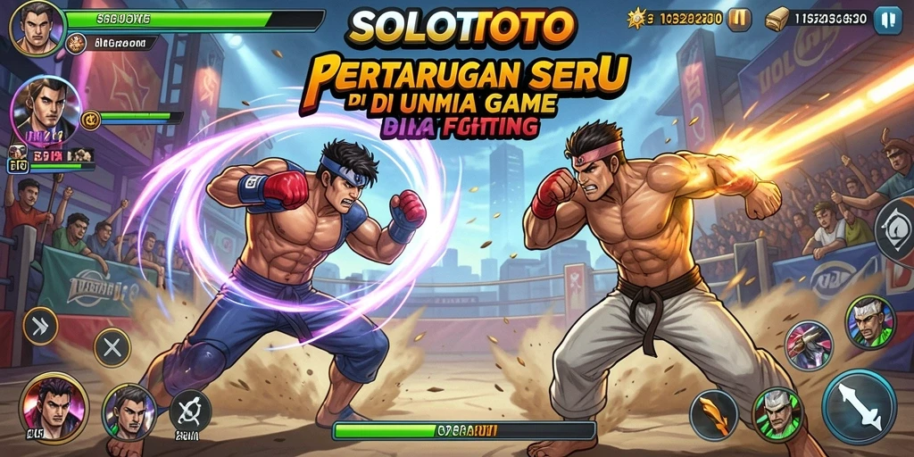 Screenshot utama SOLOTOTO menampilkan karakter bertarung dalam pertarungan sengit.