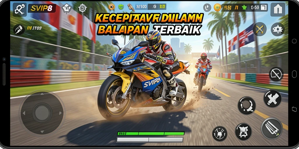 Screenshot gameplay SVIP8 menampilkan balapan motor yang intens dan mendebarkan.